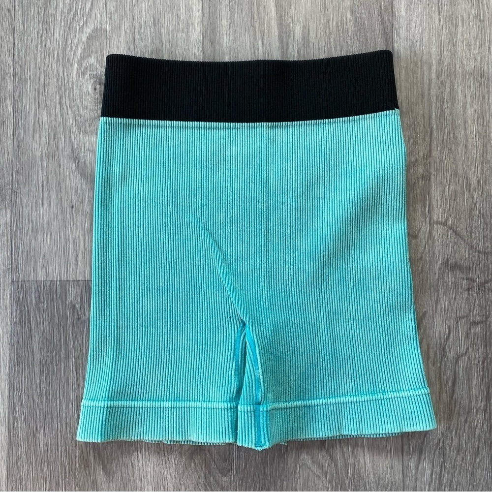 New Mineral Washed Ribbed Seamless High Rise Shorts in Ice Blue